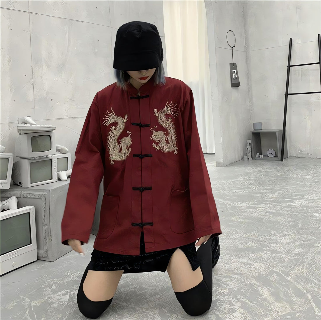 Dragon Embroidery Mandarin Collar Shirt - KAYSMAR