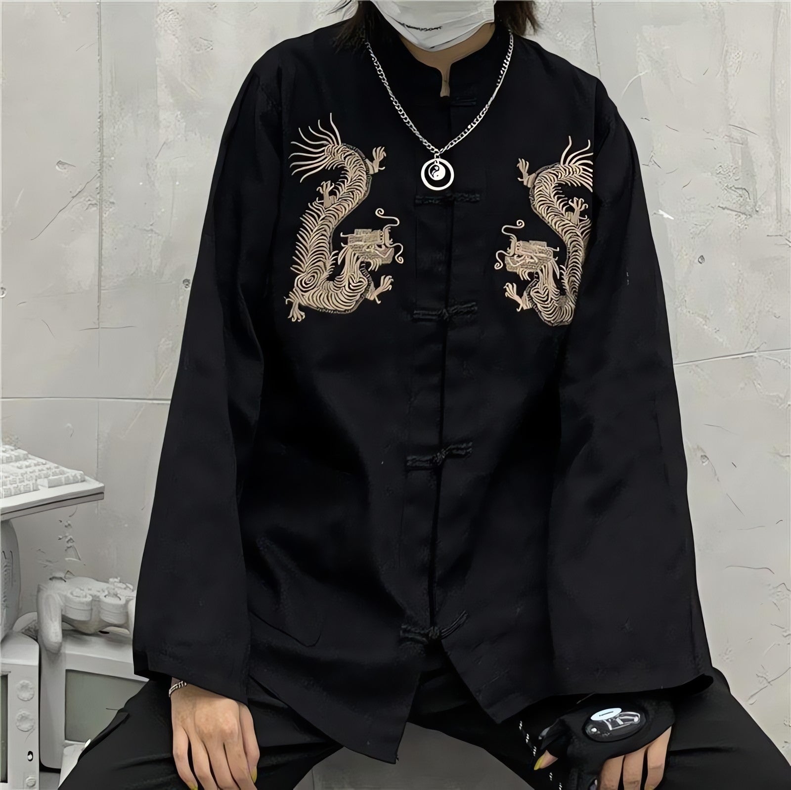 Dragon Embroidery Mandarin Collar Shirt - KAYSMAR