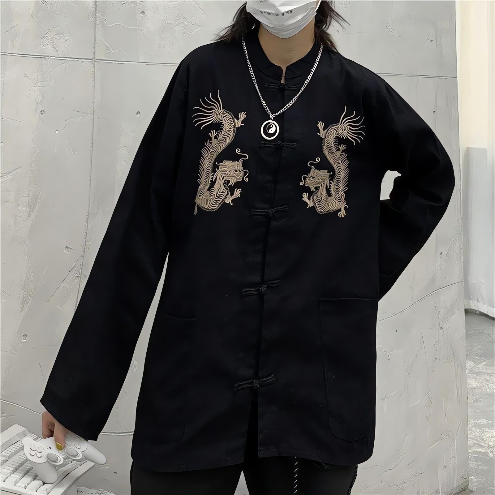 Dragon Embroidery Mandarin Collar Shirt - KAYSMAR