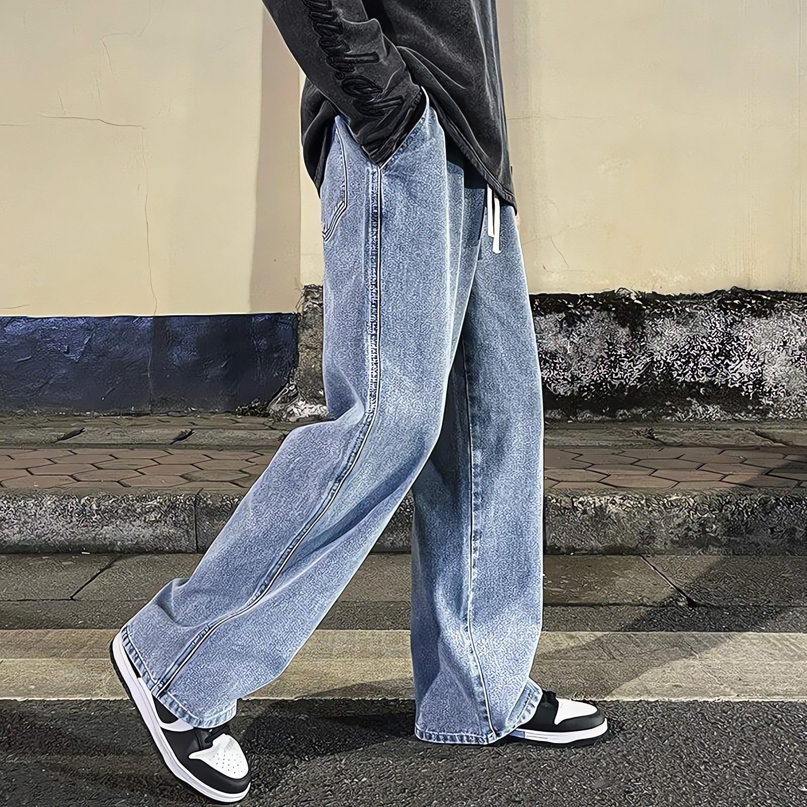 Drawstring Straight Leg Baggy Jeans - KAYSMAR