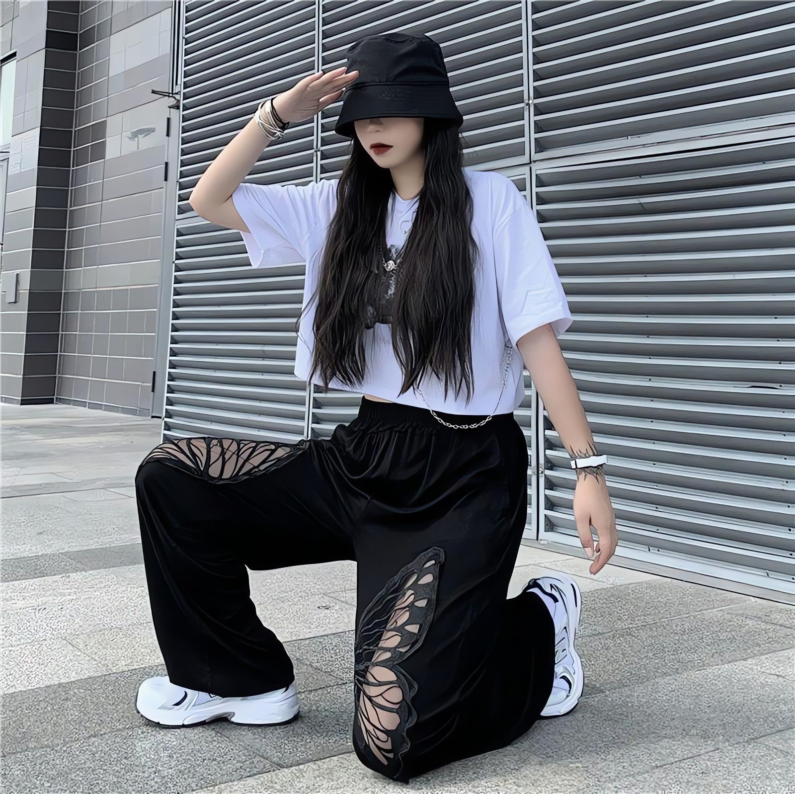 Elasticated Waist Butterfly Cut-Out Pants - KAYSMAR