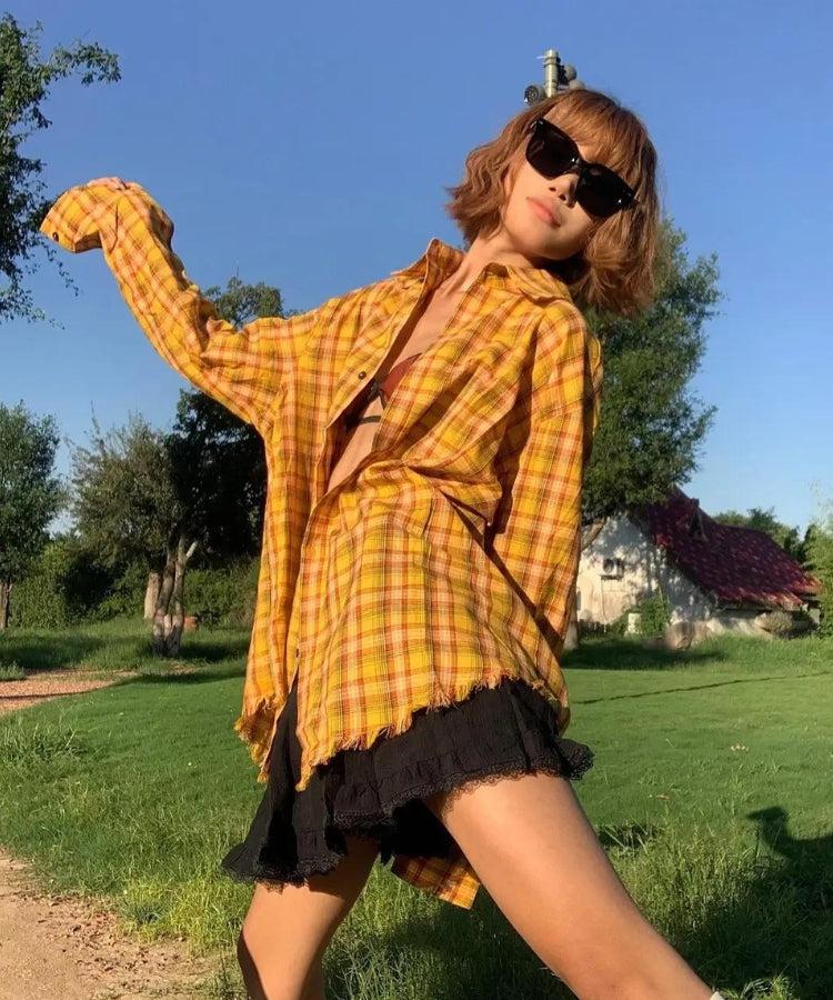 Embroidered Tasseled Plaid Shirt - KAYSMAR