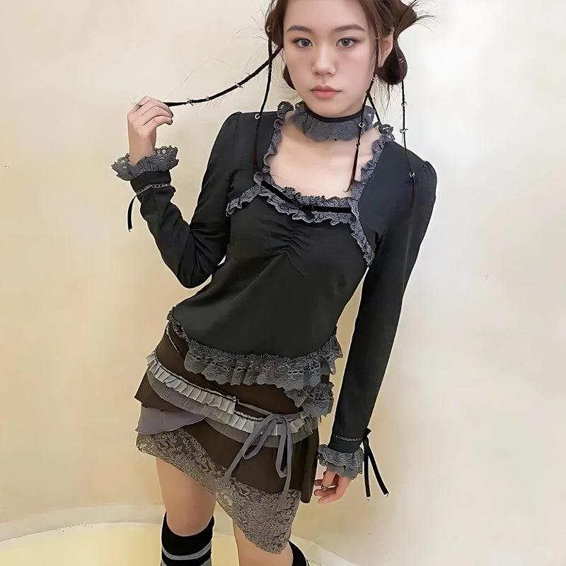 Fairy Grunge Asymmetric Lace Top - KAYSMAR