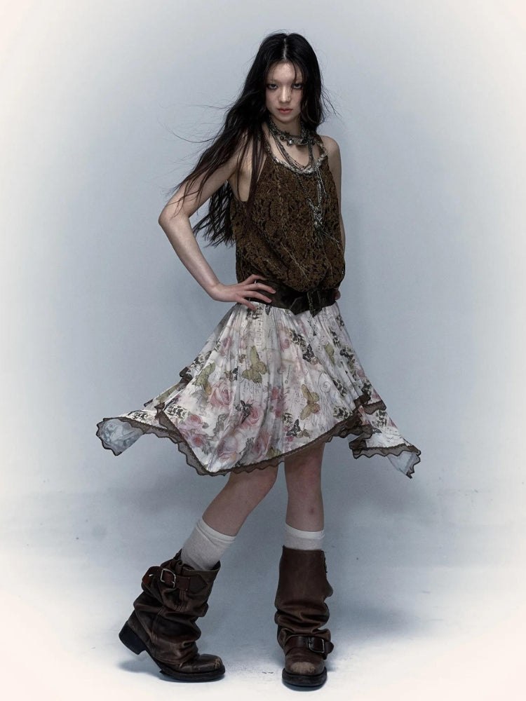 Fairy Grunge Floral Asymmetric Midi Skirt - KAYSMAR