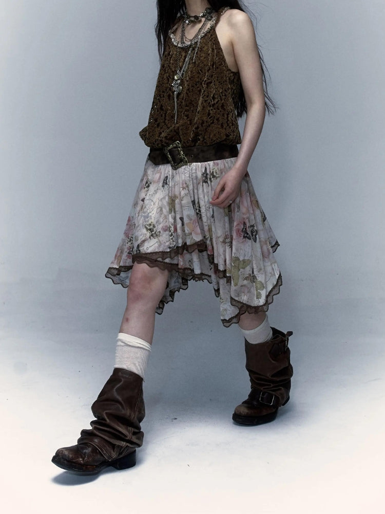 Fairy Grunge Floral Asymmetric Midi Skirt - KAYSMAR