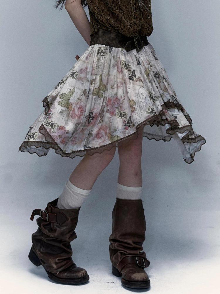 Fairy Grunge Floral Asymmetric Midi Skirt - KAYSMAR
