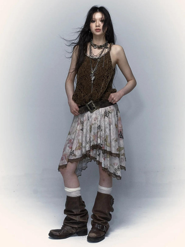 Fairy Grunge Floral Asymmetric Midi Skirt - KAYSMAR