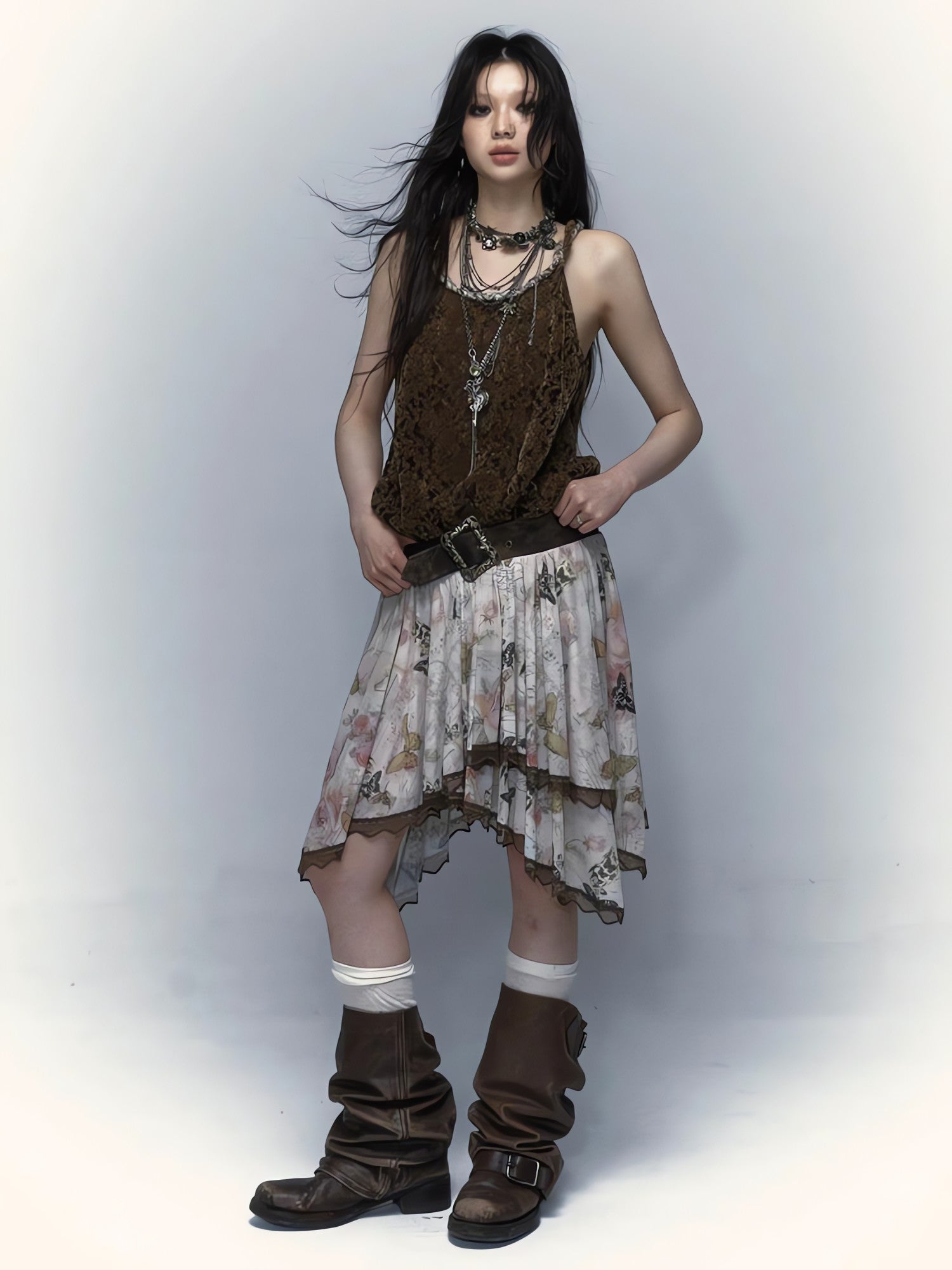 Fairy Grunge Floral Asymmetric Midi Skirt - KAYSMAR