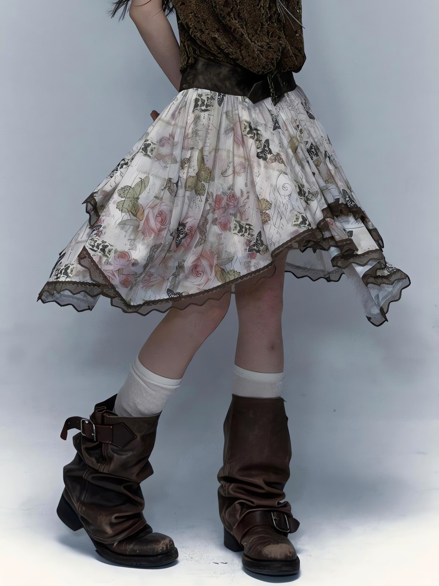 Fairy Grunge Floral Asymmetric Midi Skirt - KAYSMAR