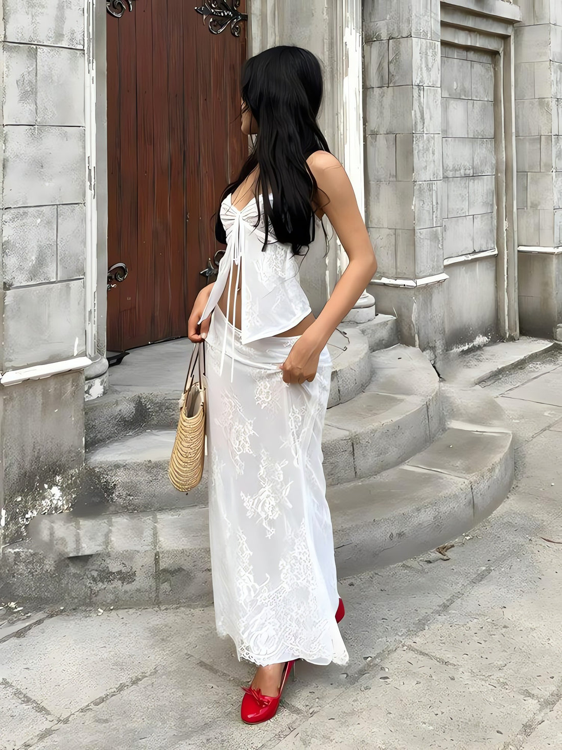 Fairycore Lace Strapless Top & Maxi Skirt Two Piece Set - KAYSMAR