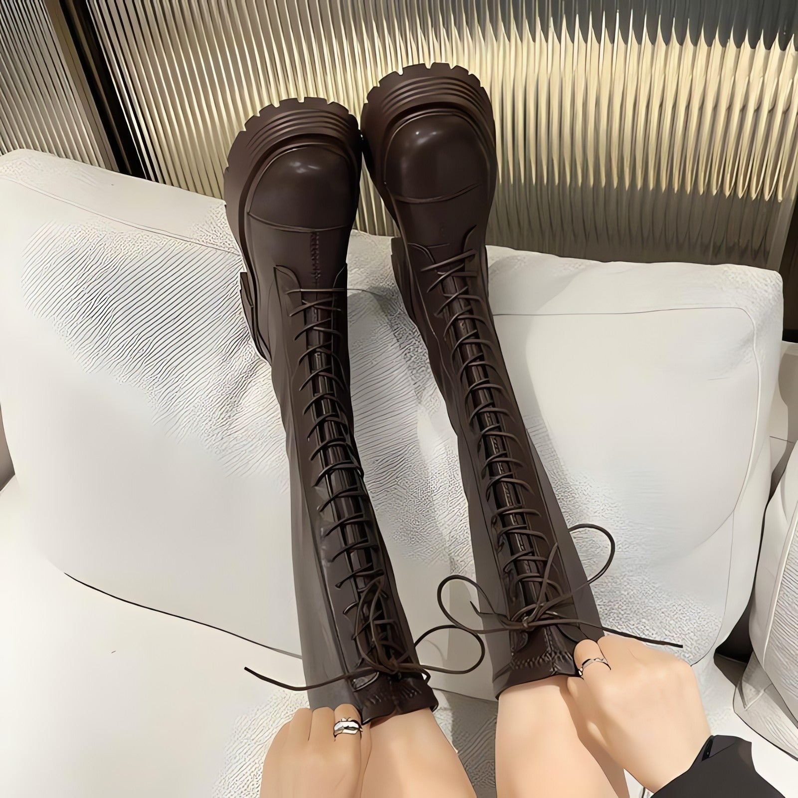 Faux Leather Knee High Lace Up Boots - KAYSMAR