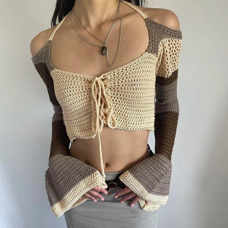 Flared Sleeve Crop Crochet Sweater - KAYSMAR