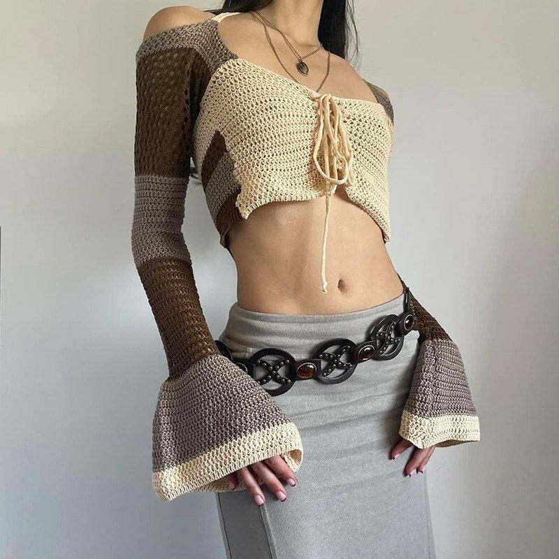 Flared Sleeve Crop Crochet Sweater - KAYSMAR