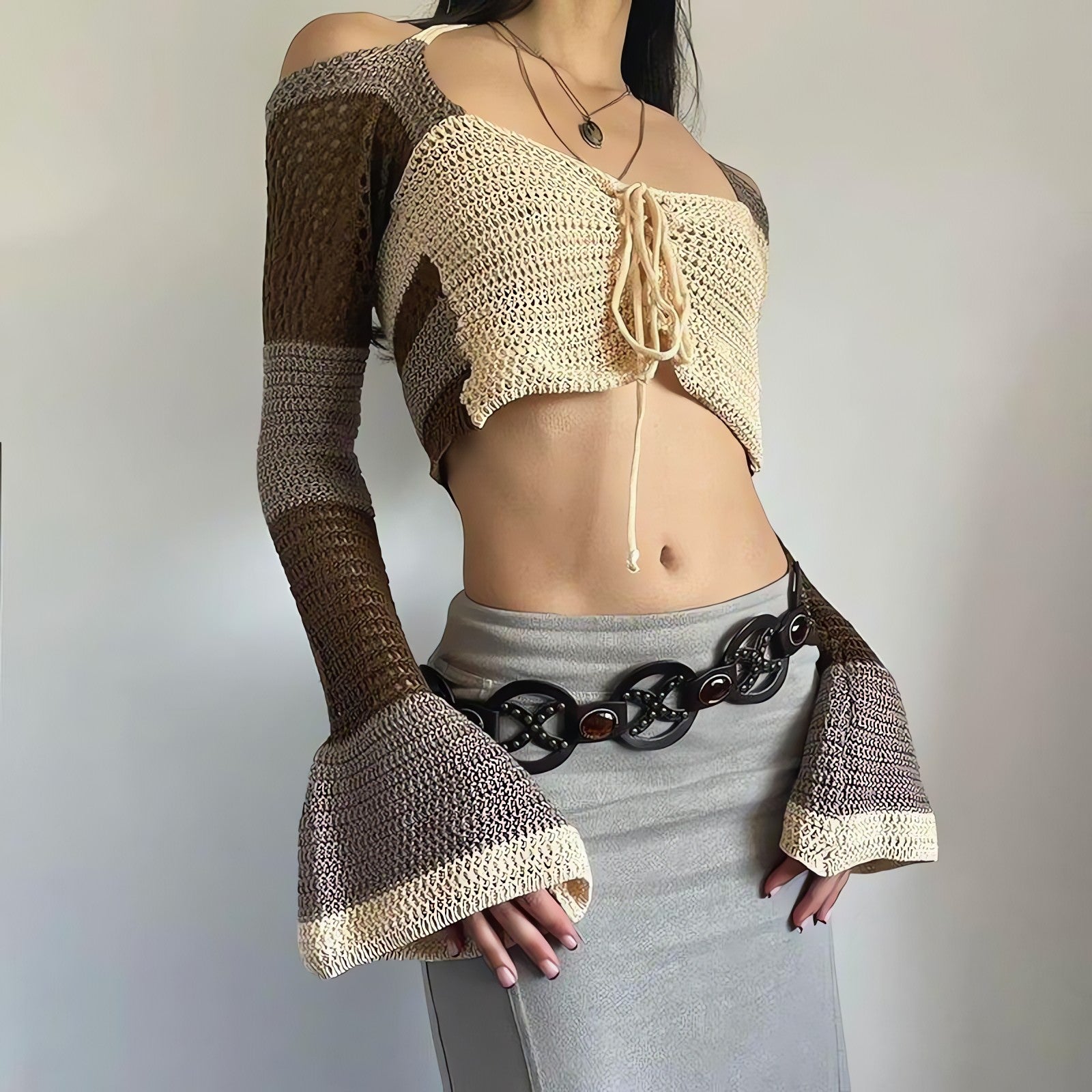 Flared Sleeve Crop Crochet Sweater - KAYSMAR