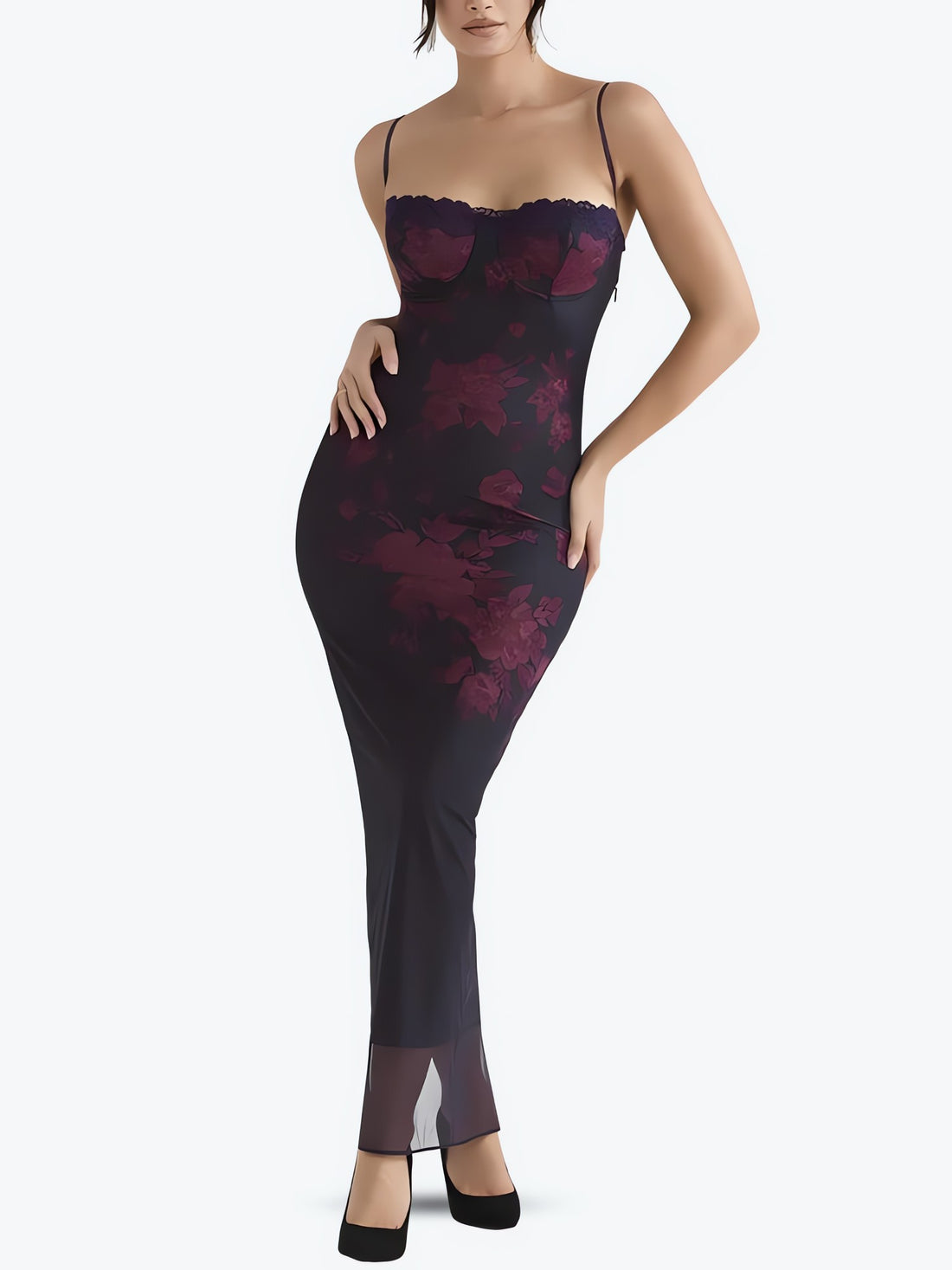 Floral Bodycon Lace Up Mesh Maxi Dress - KAYSMAR