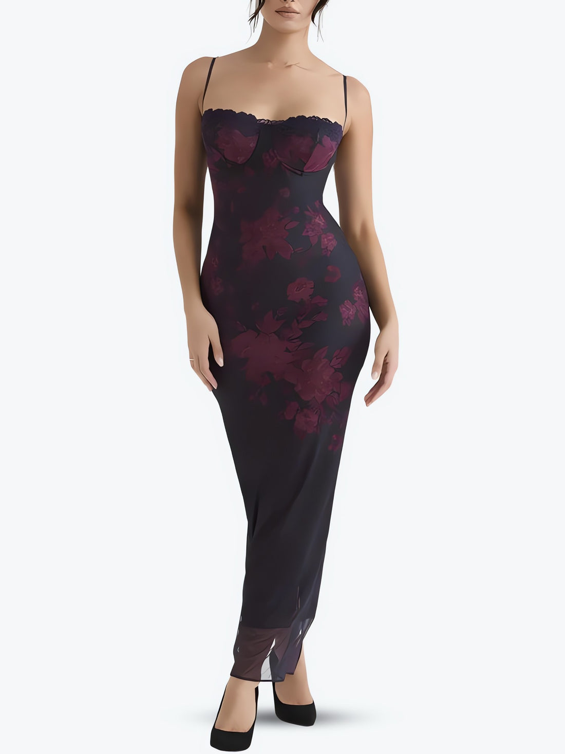 Floral Bodycon Lace Up Mesh Maxi Dress - KAYSMAR