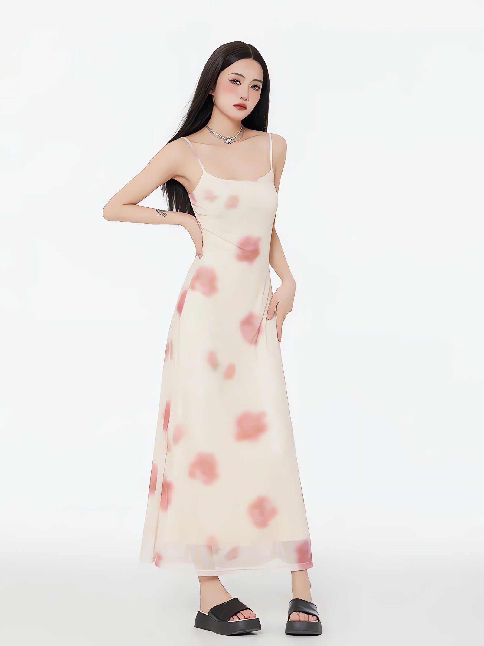 Floral Mesh Spaghetti Strap Maxi Dress - KAYSMAR