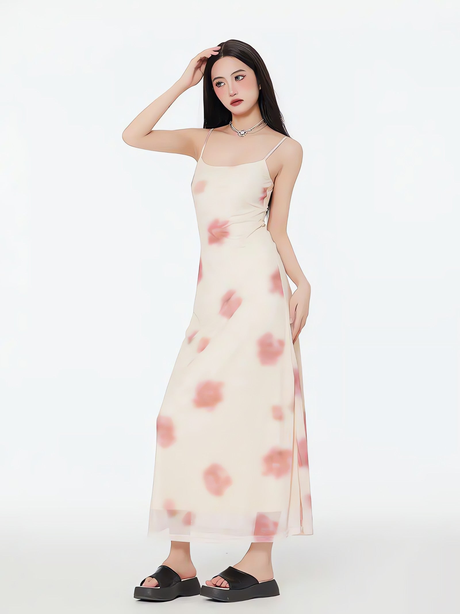 Floral Mesh Spaghetti Strap Maxi Dress - KAYSMAR