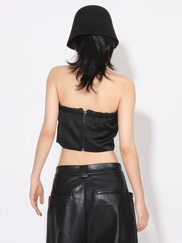 Flower Rhinestone Zip-Up Strapless Top - KAYSMAR