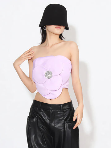 Flower Rhinestone Zip-Up Strapless Top - KAYSMAR