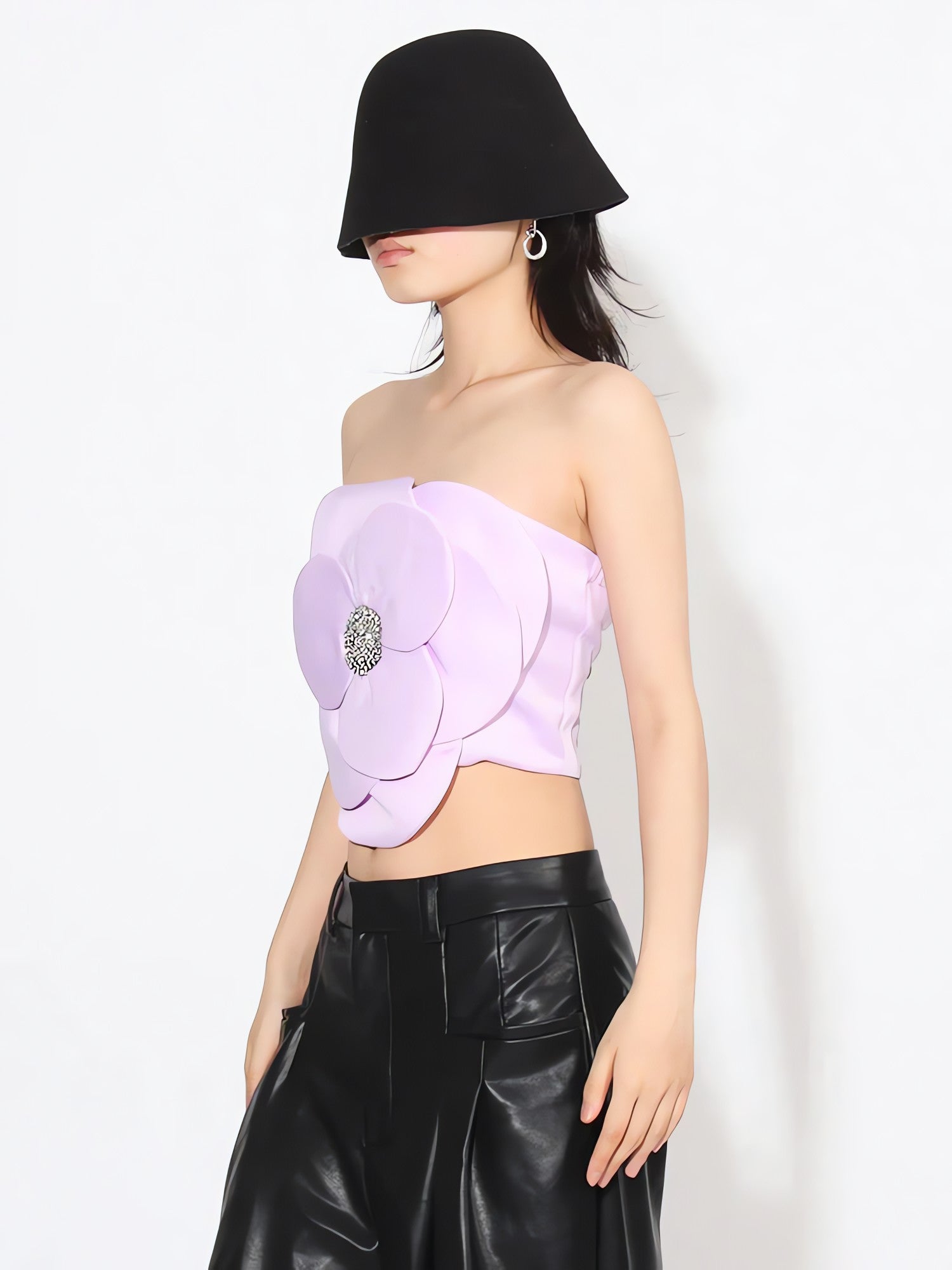 Flower Rhinestone Zip-Up Strapless Top - KAYSMAR