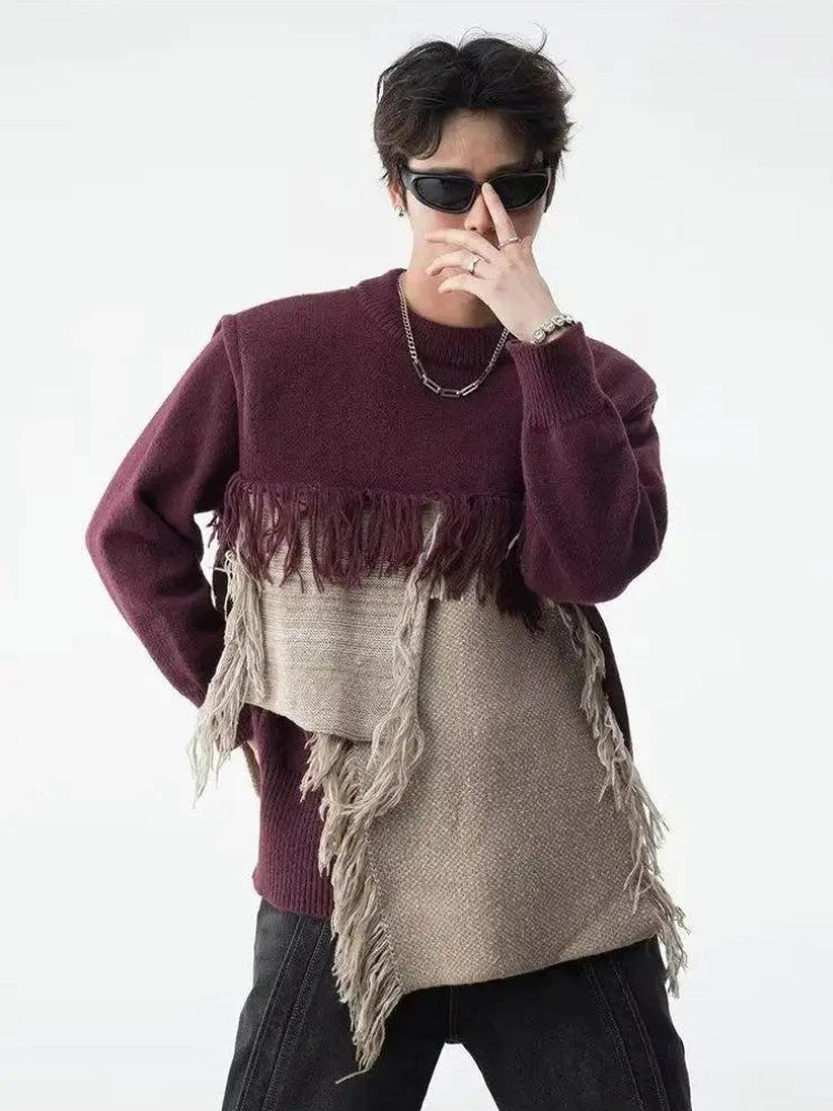 Fringe Patchwork Knitted Sweater - KAYSMAR