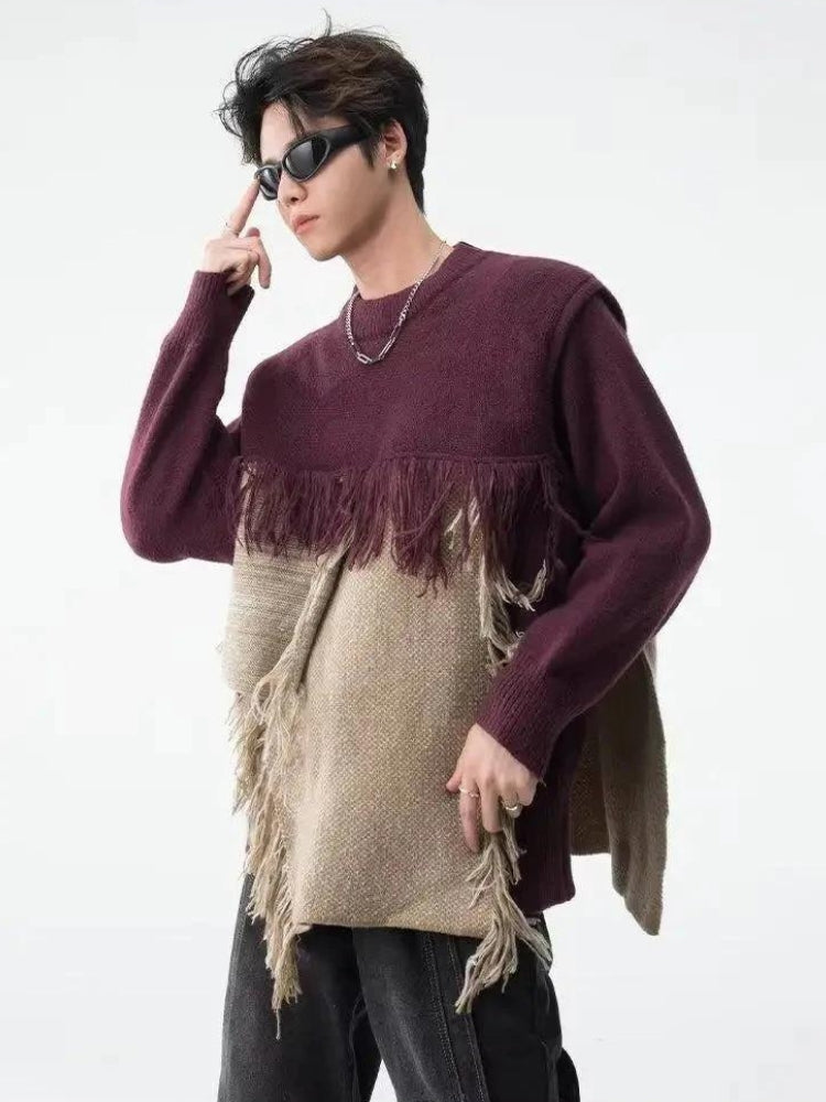 Fringe Patchwork Knitted Sweater - KAYSMAR