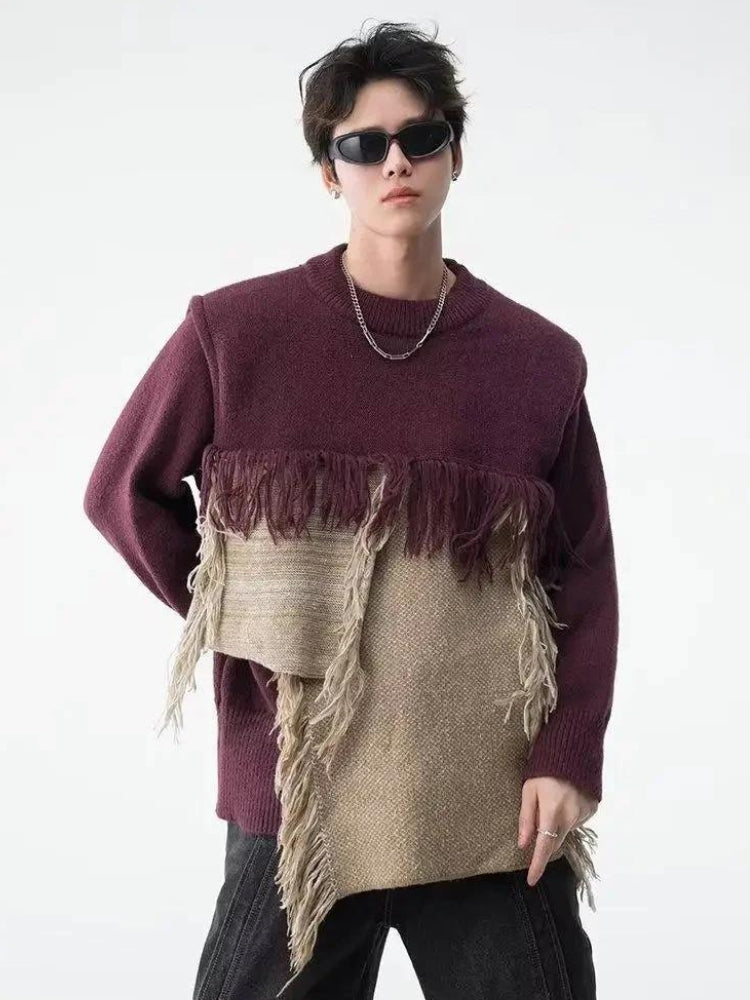 Fringe Patchwork Knitted Sweater - KAYSMAR
