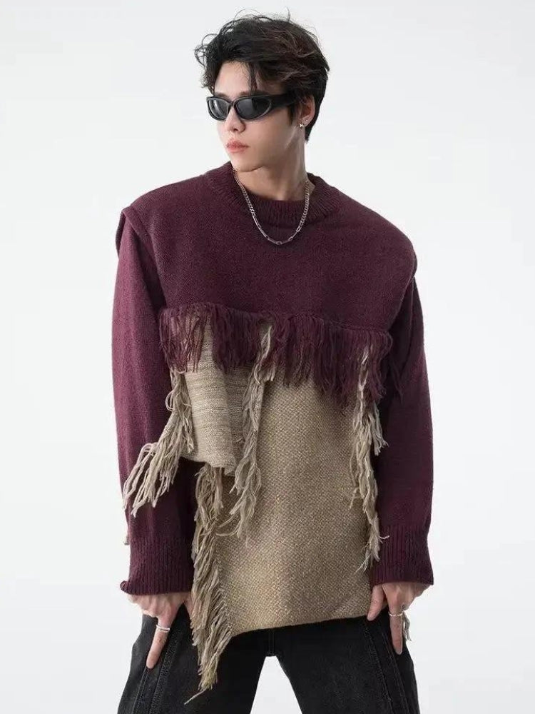 Fringe Patchwork Knitted Sweater - KAYSMAR
