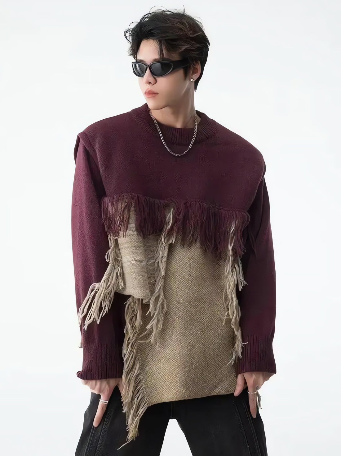 Fringe Patchwork Knitted Sweater - KAYSMAR