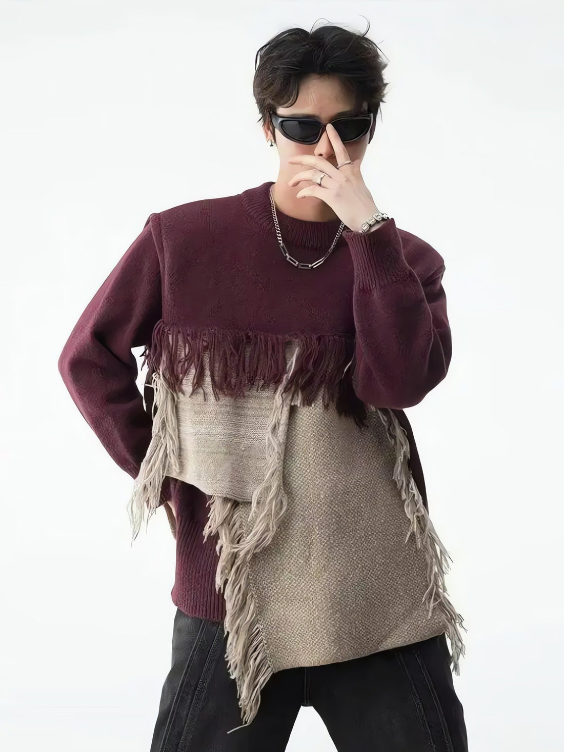 Fringe Patchwork Knitted Sweater - KAYSMAR