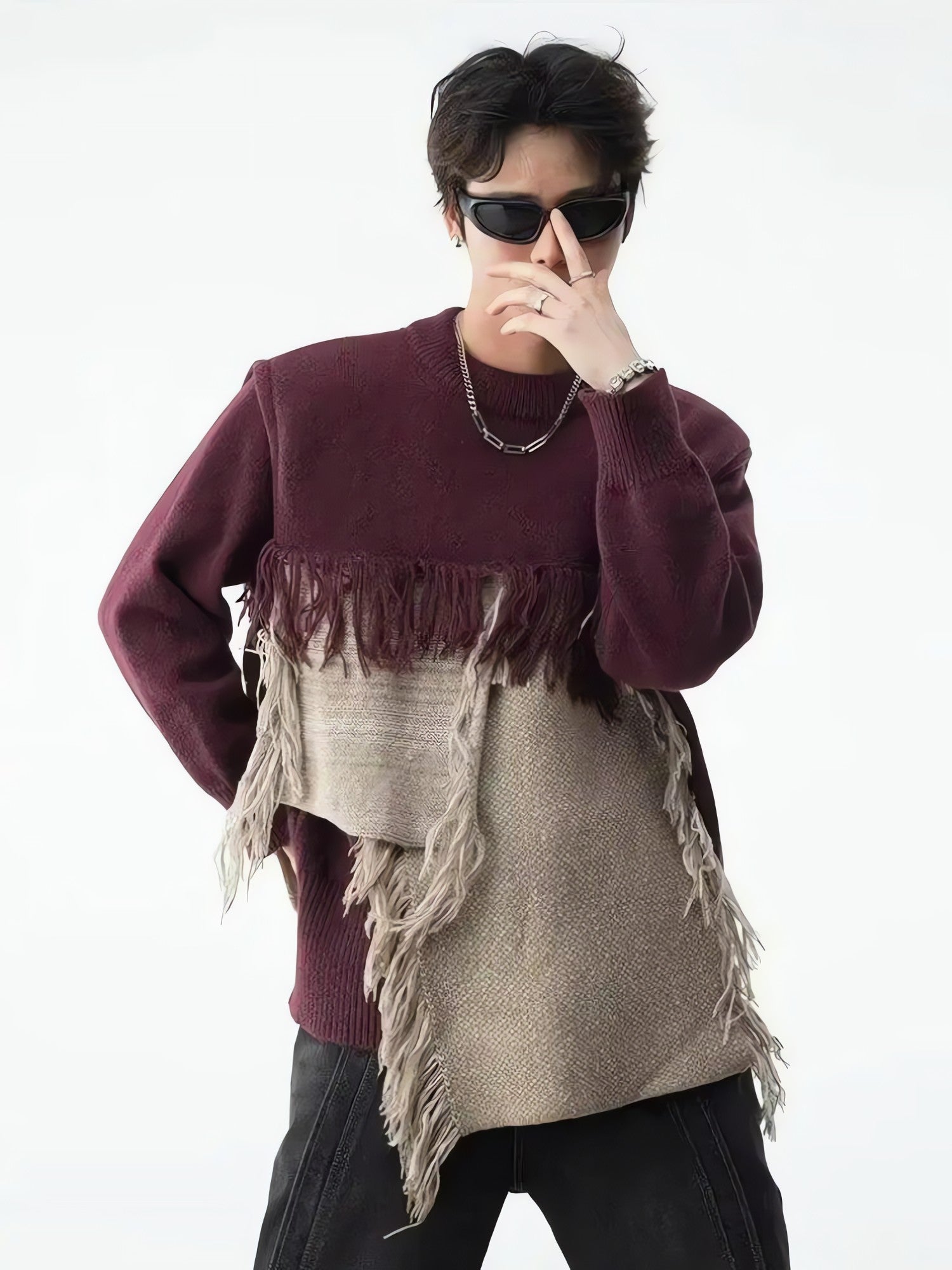 Fringe Patchwork Knitted Sweater - KAYSMAR