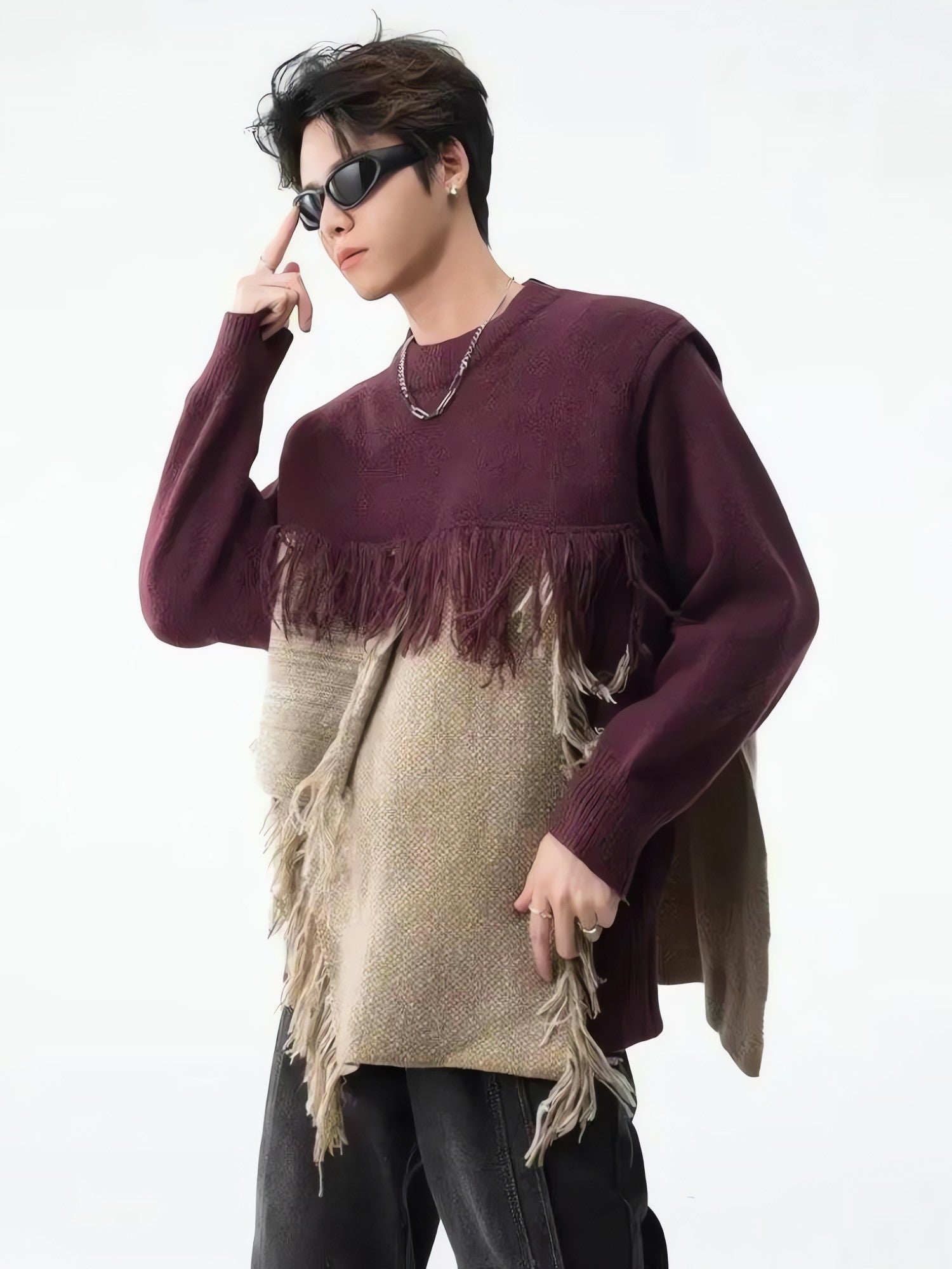 Fringe Patchwork Knitted Sweater - KAYSMAR