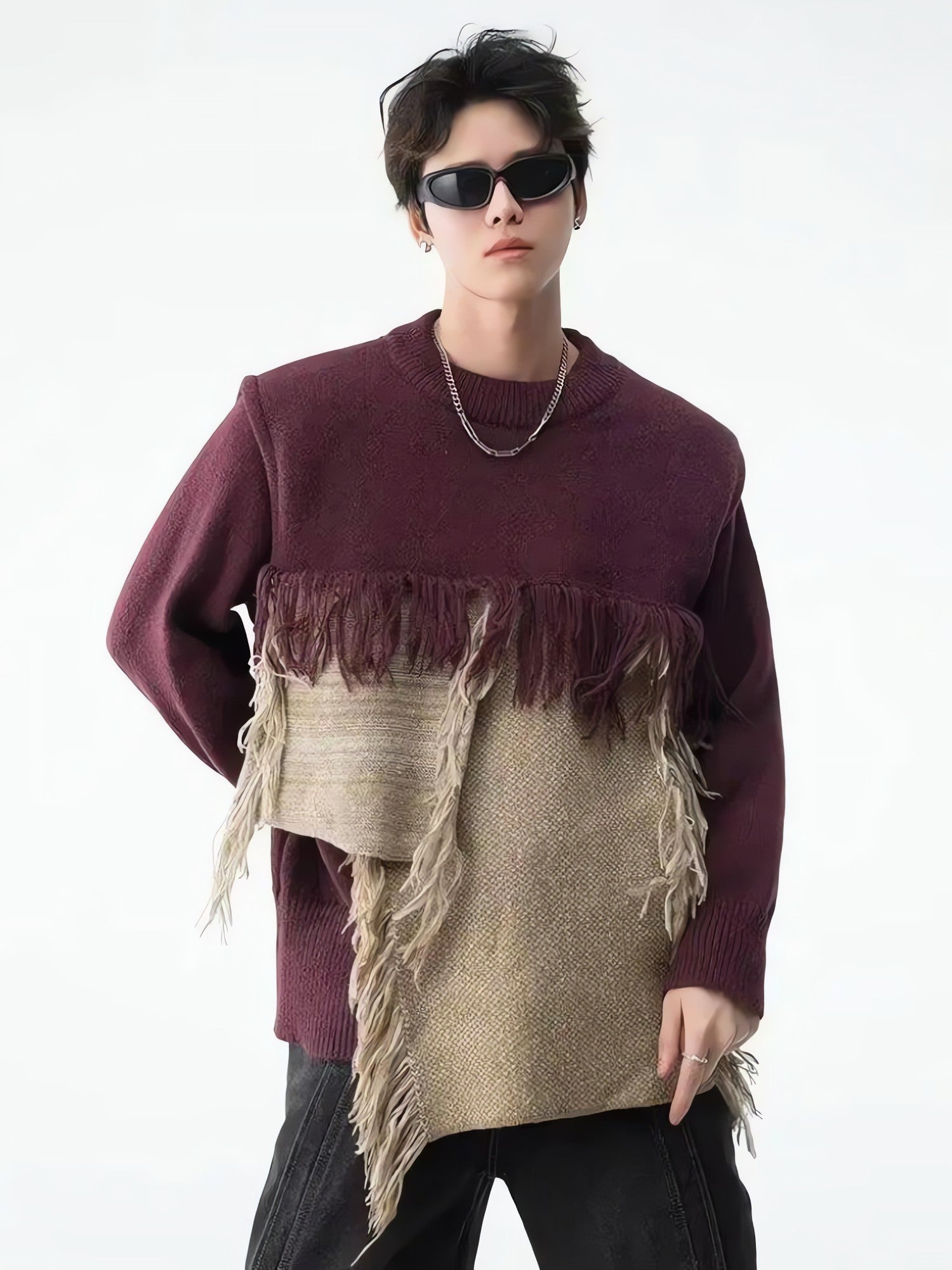 Fringe Patchwork Knitted Sweater - KAYSMAR