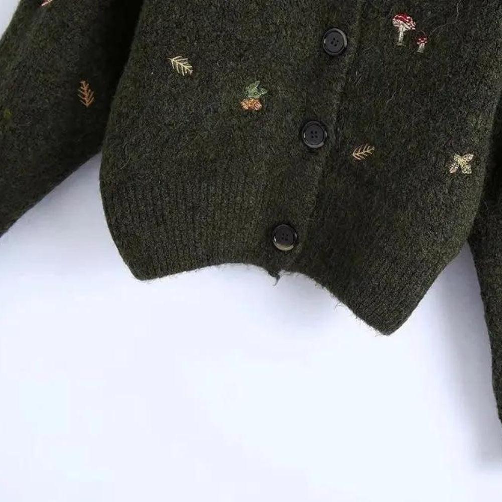Goblincore Leaf Embroidery Cardigan - KAYSMAR