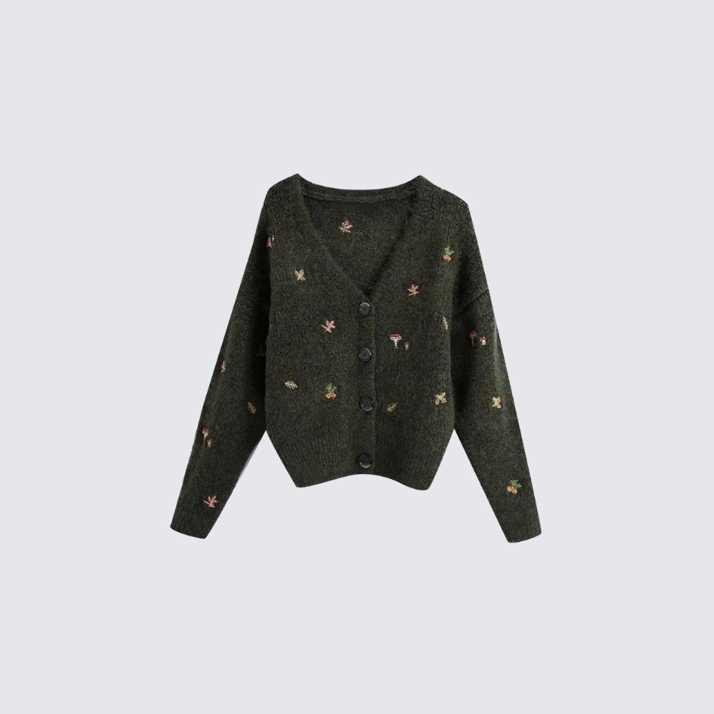 Goblincore Leaf Embroidery Cardigan - KAYSMAR