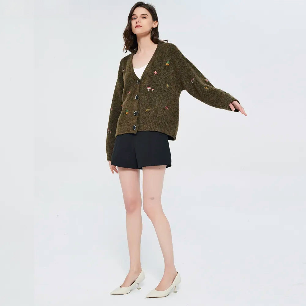 Goblincore Leaf Embroidery Cardigan - KAYSMAR