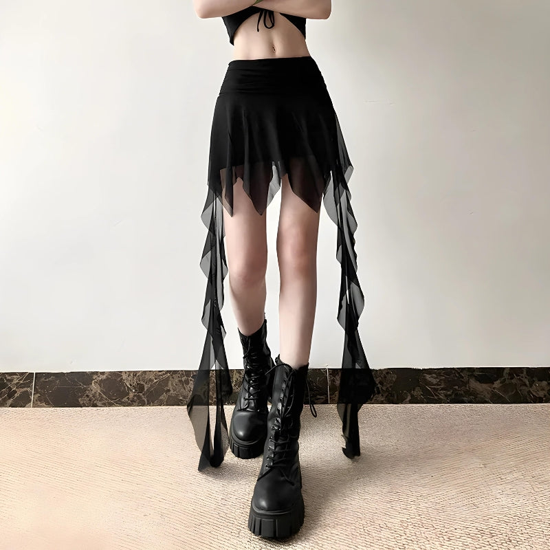 Goth Asymmetrical Mesh Mini Skirt - KAYSMAR