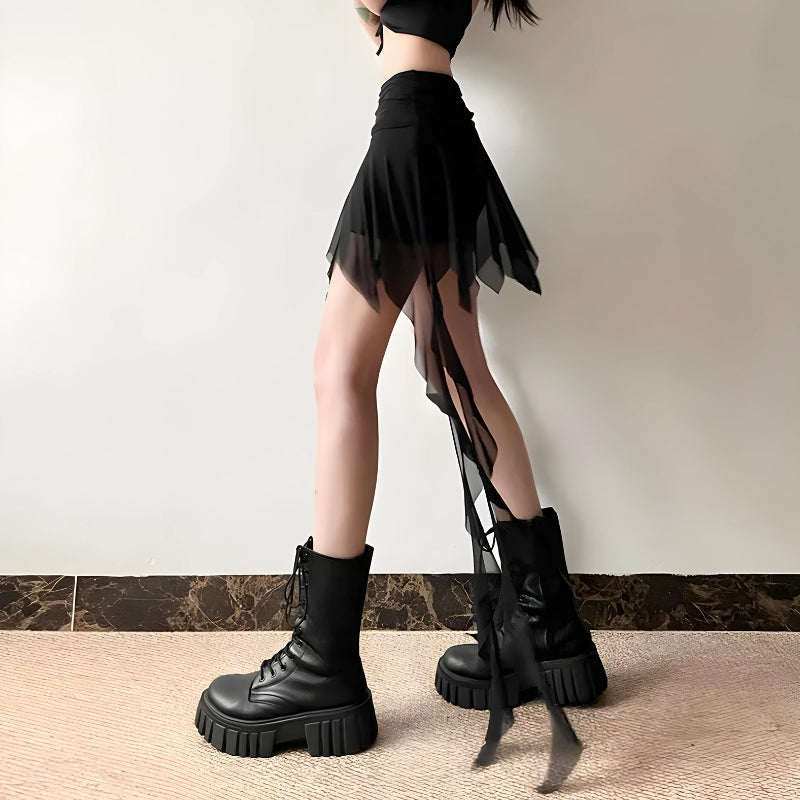 Goth Asymmetrical Mesh Mini Skirt - KAYSMAR