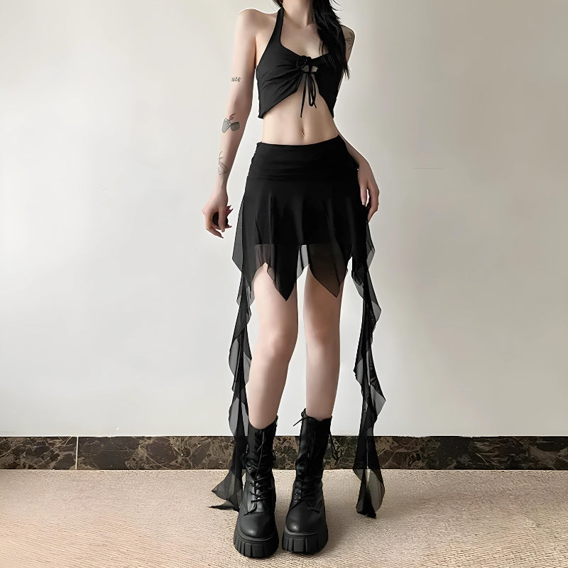 Goth Asymmetrical Mesh Mini Skirt - KAYSMAR