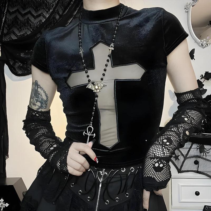 Goth Cross Cut Out Velvet Top - KAYSMAR