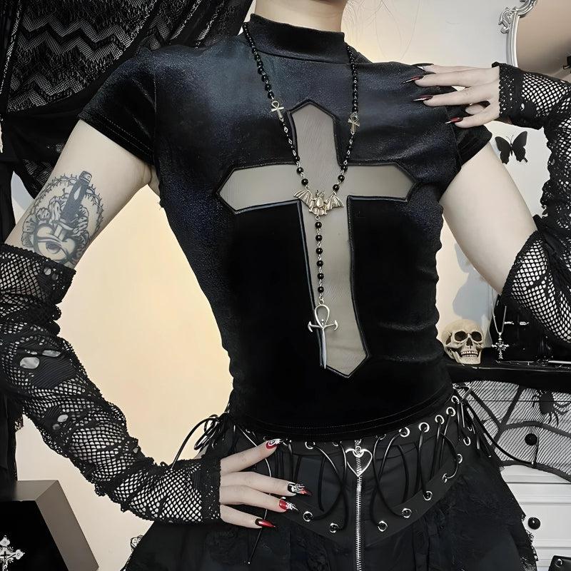 Goth Cross Cut Out Velvet Top - KAYSMAR