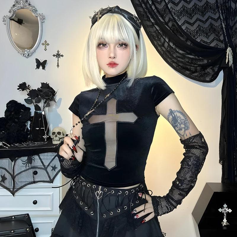 Goth Cross Cut Out Velvet Top - KAYSMAR