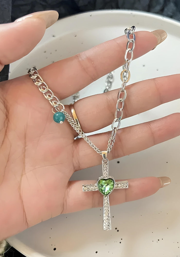 Goth Shiny Heart Cross Necklace - KAYSMAR