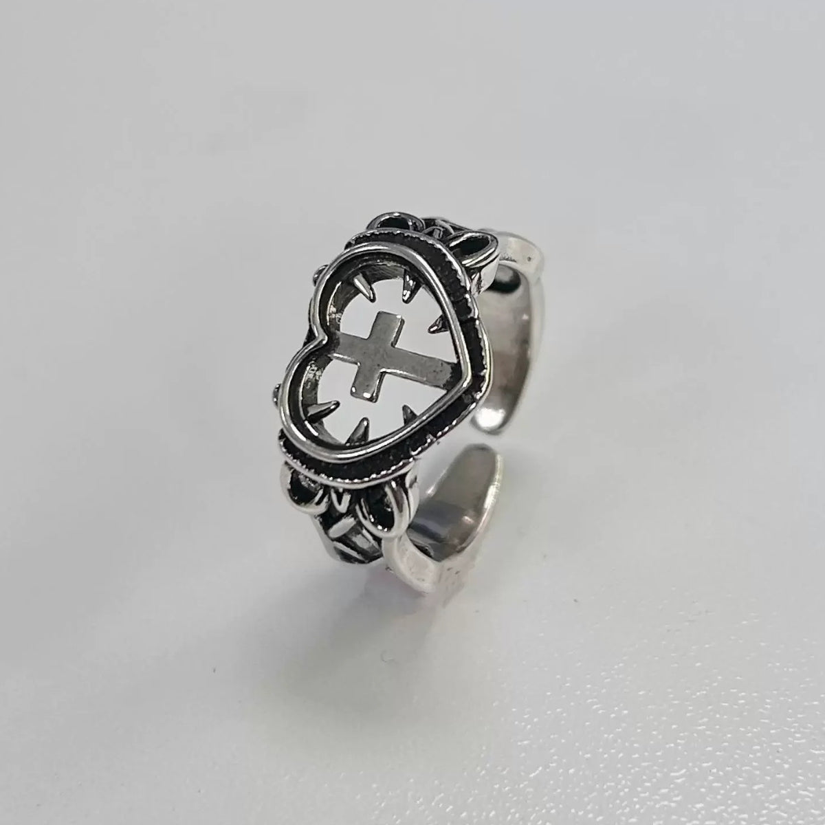 Goth Spiked Heart Cross Ring - KAYSMAR