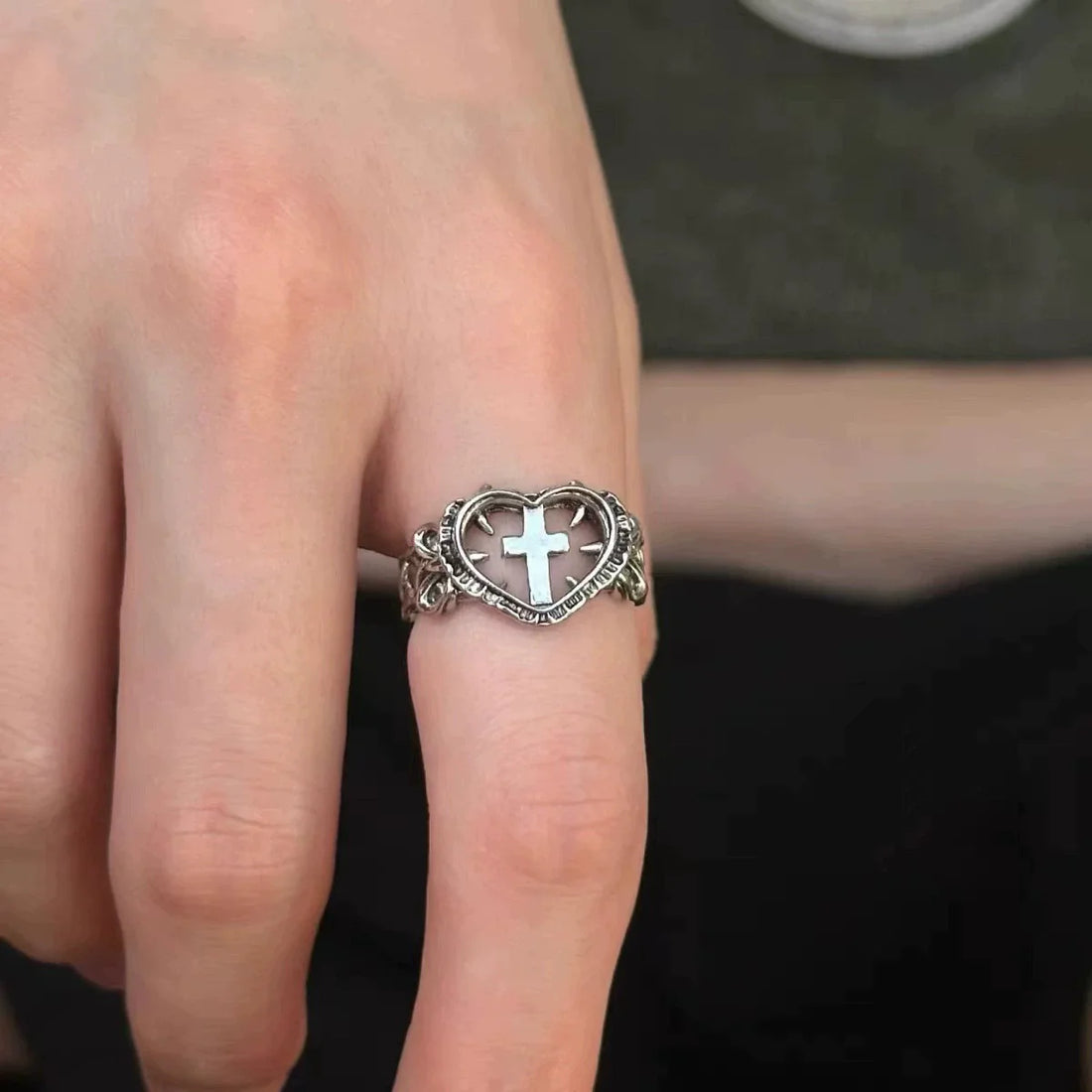 Goth Spiked Heart Cross Ring - KAYSMAR