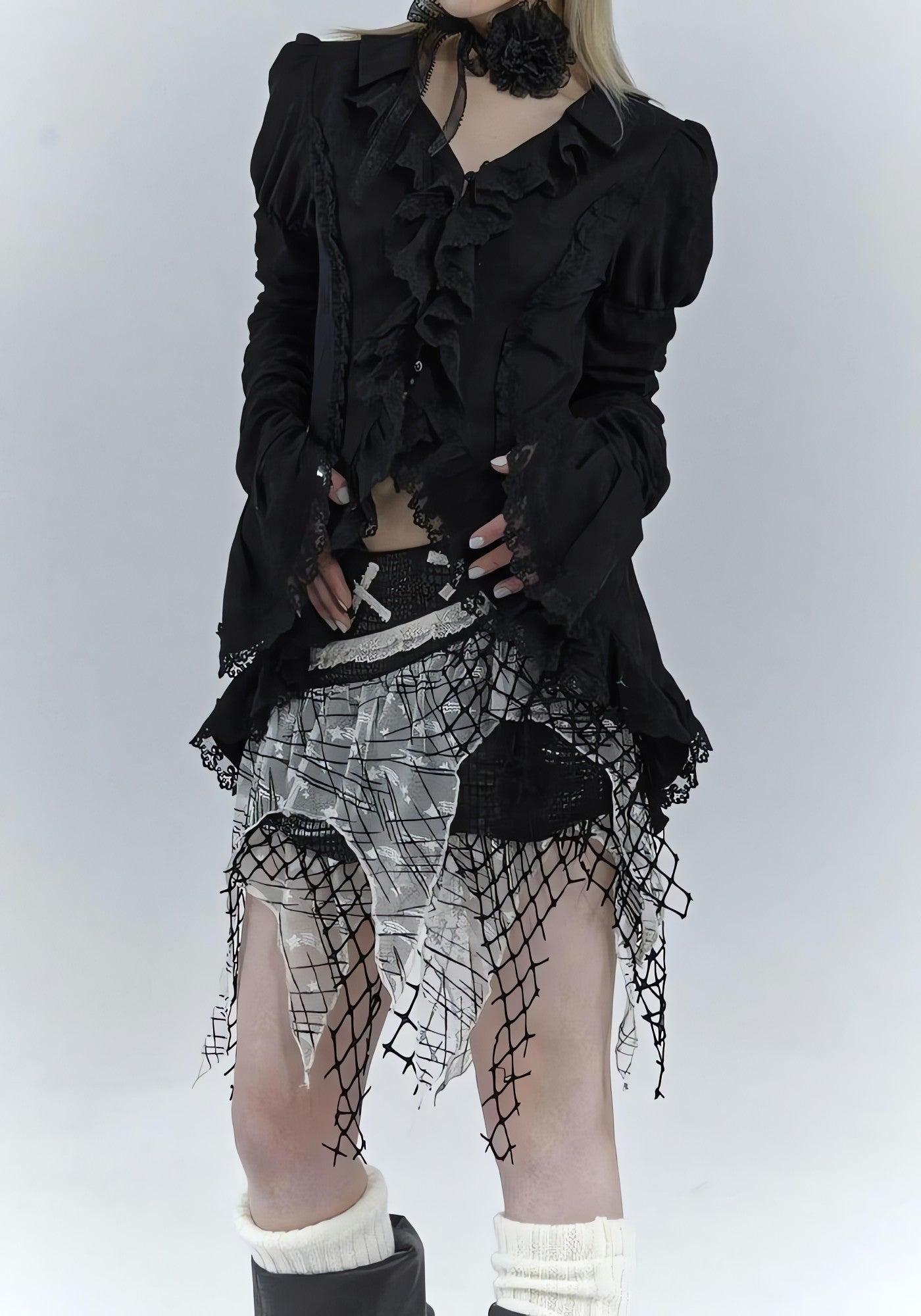 Goth Asymmetric Ruched Sleeve Blouse - KAYSMAR