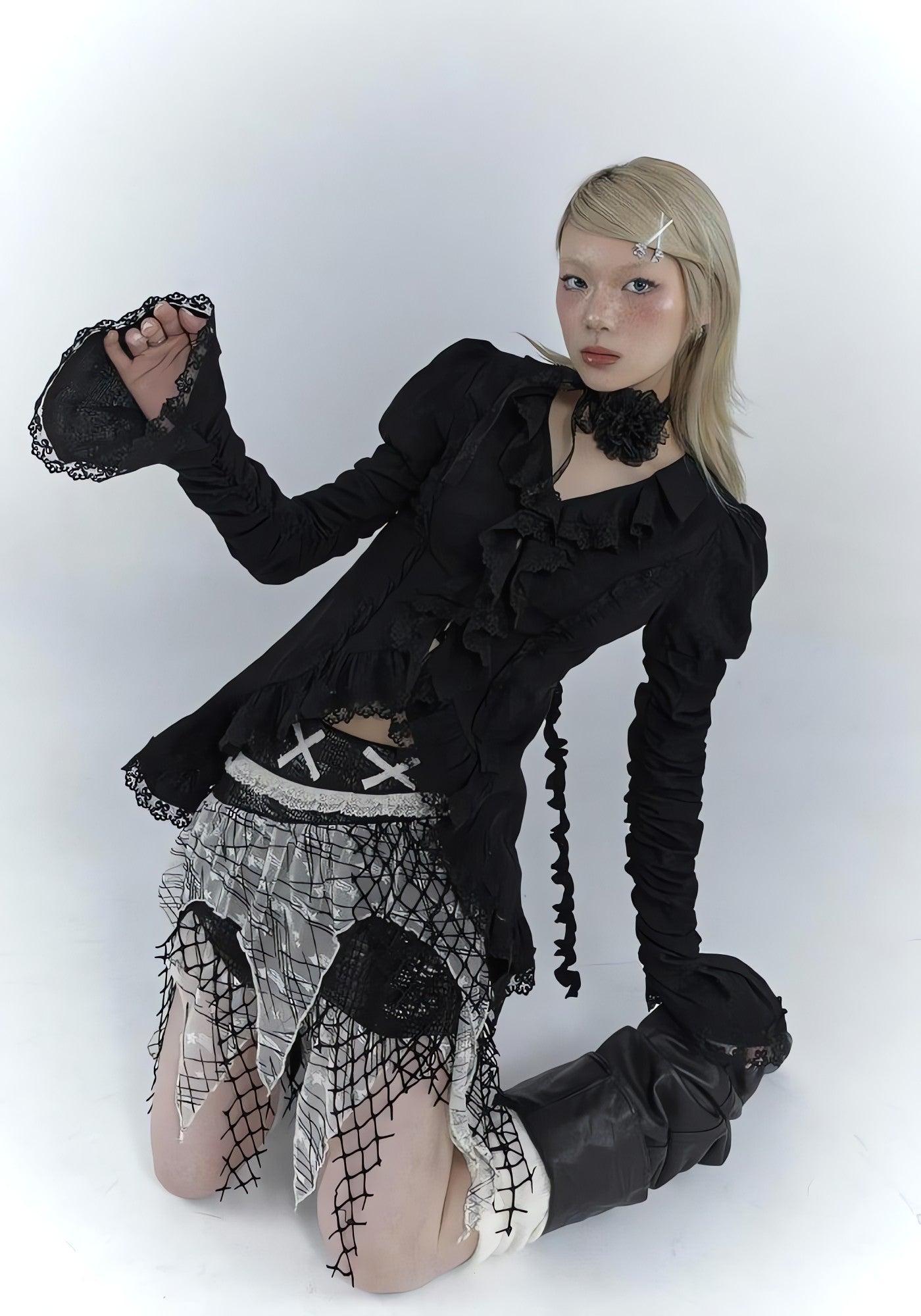 Goth Asymmetric Ruched Sleeve Blouse - KAYSMAR