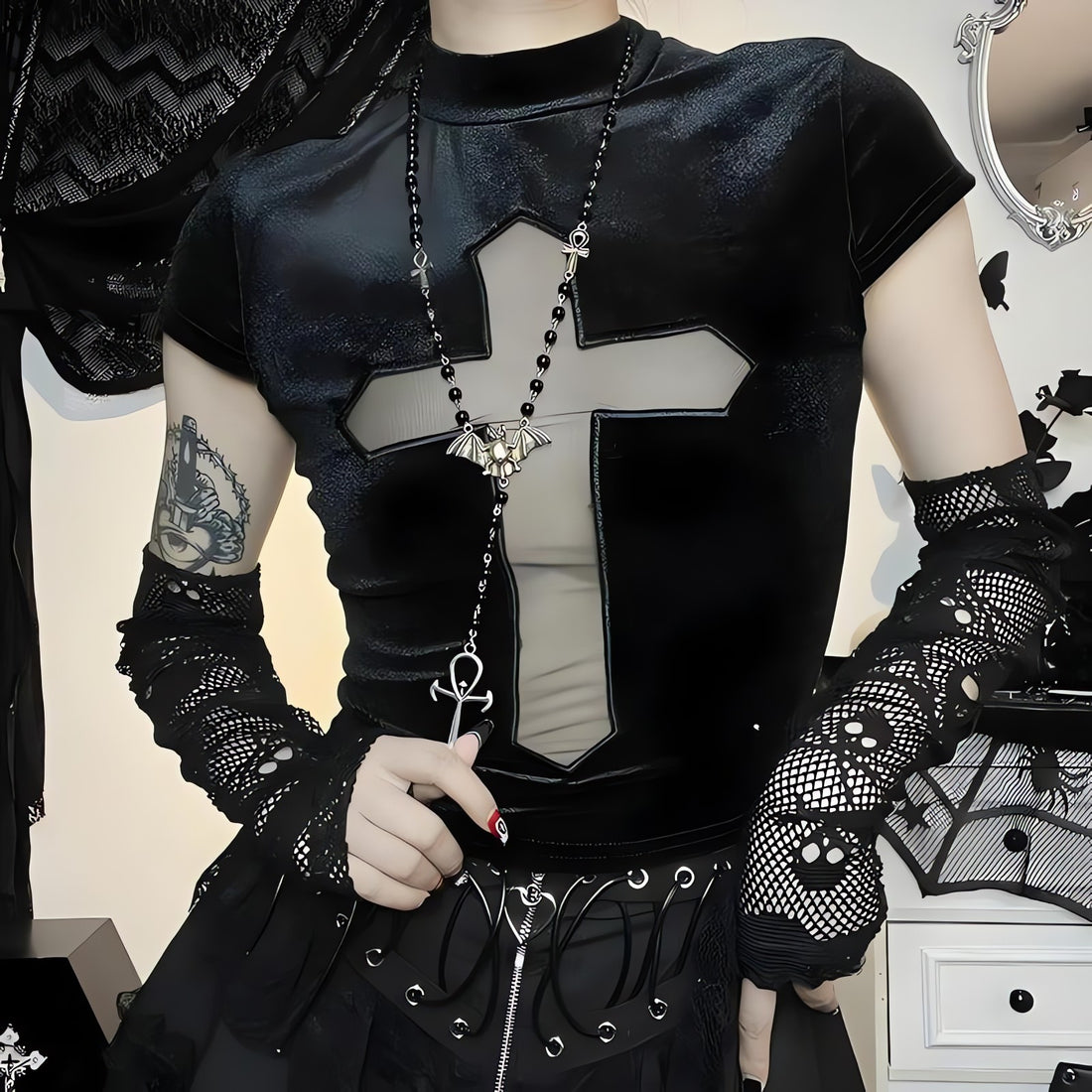 Goth Cross Cut Out Velvet Top - KAYSMAR