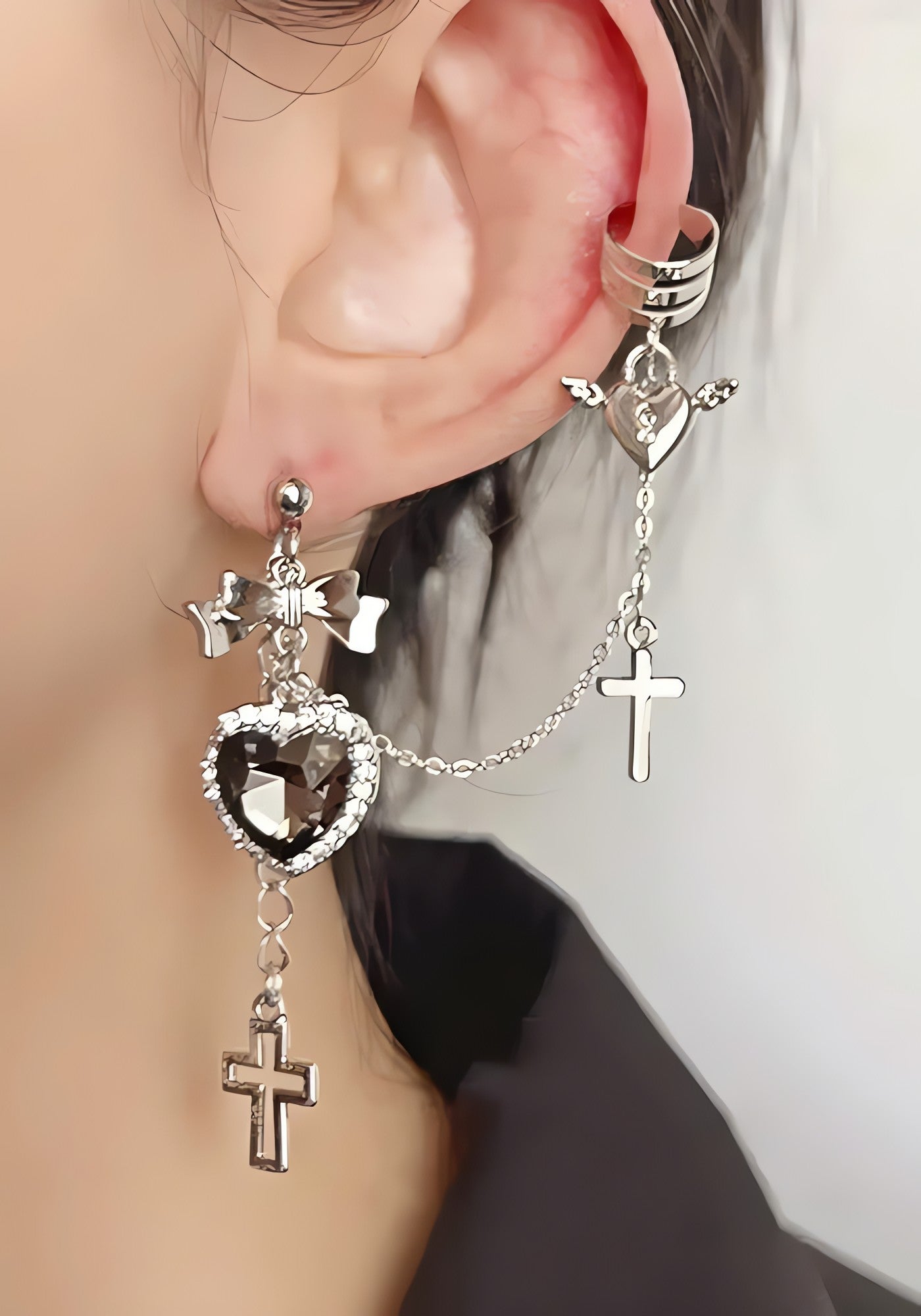 Goth Heart Cross Chain Earrings - KAYSMAR
